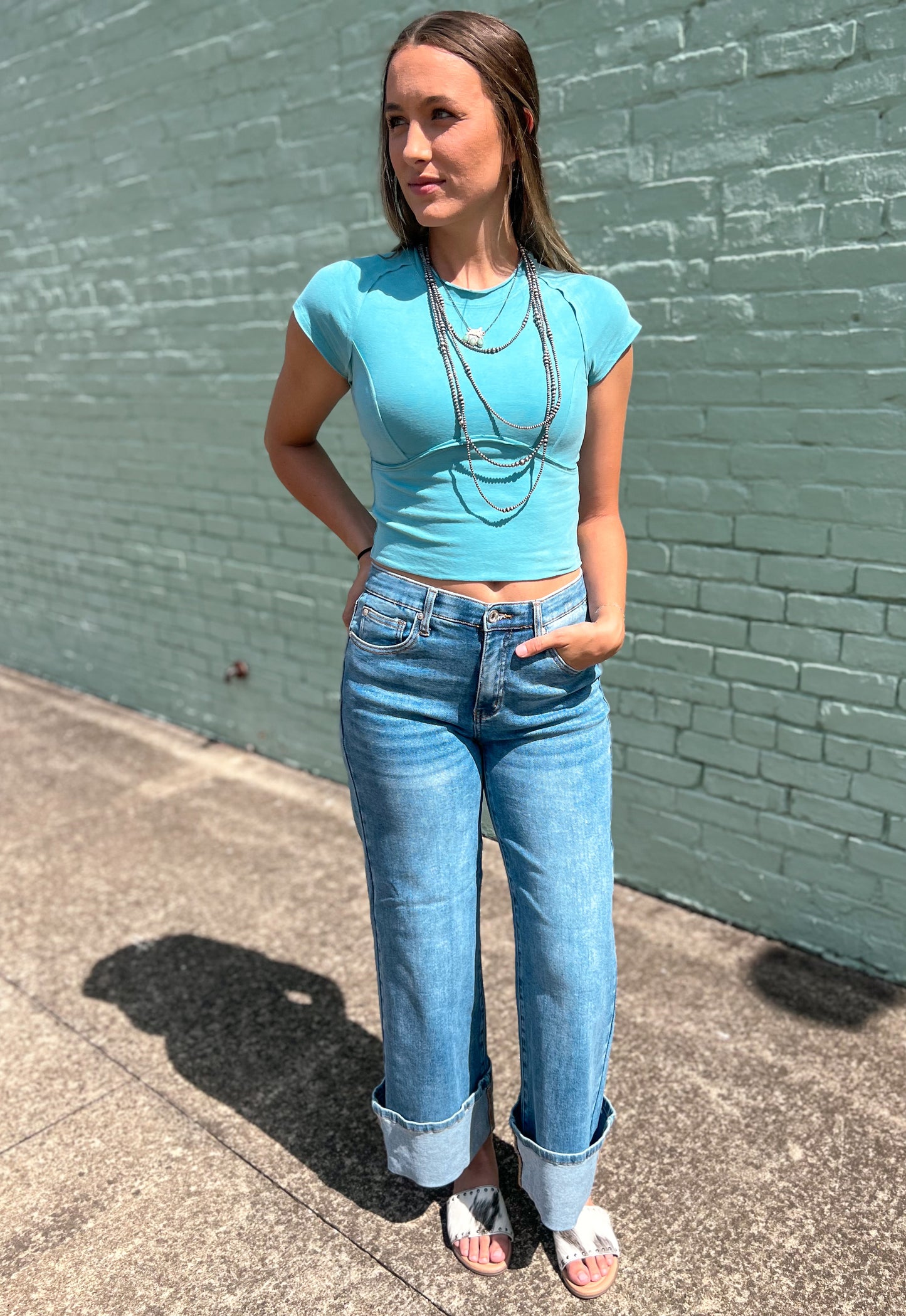 The Macey Exposed Seam Crop *Dusty Teal