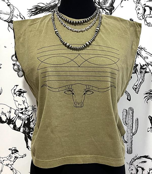 Longhorn Boot Stitch Muscle Tank *Green