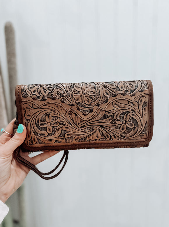 Tooled Leather Wallet- Brown