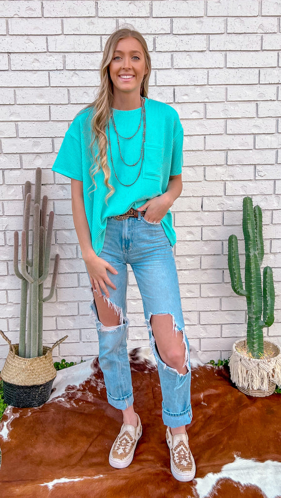 Ribbed Oversized Front Pocket Top- Mint Sky