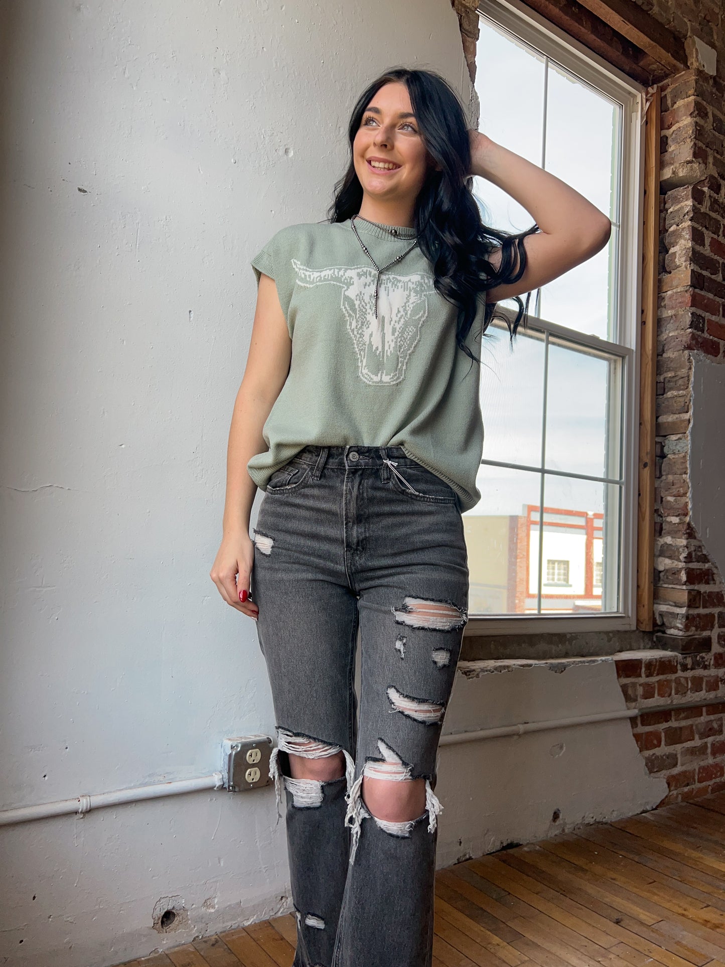 Grey Distressed Super High Rise Straight Ankle