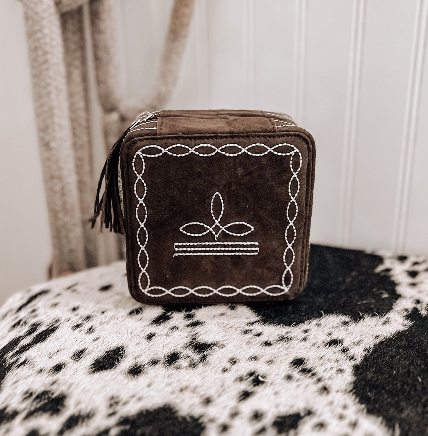 Brown Boot Stitch Square Jewelry Box