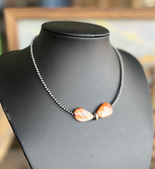 14" Spiny Oyster & Sterling Silver Pearl Choker