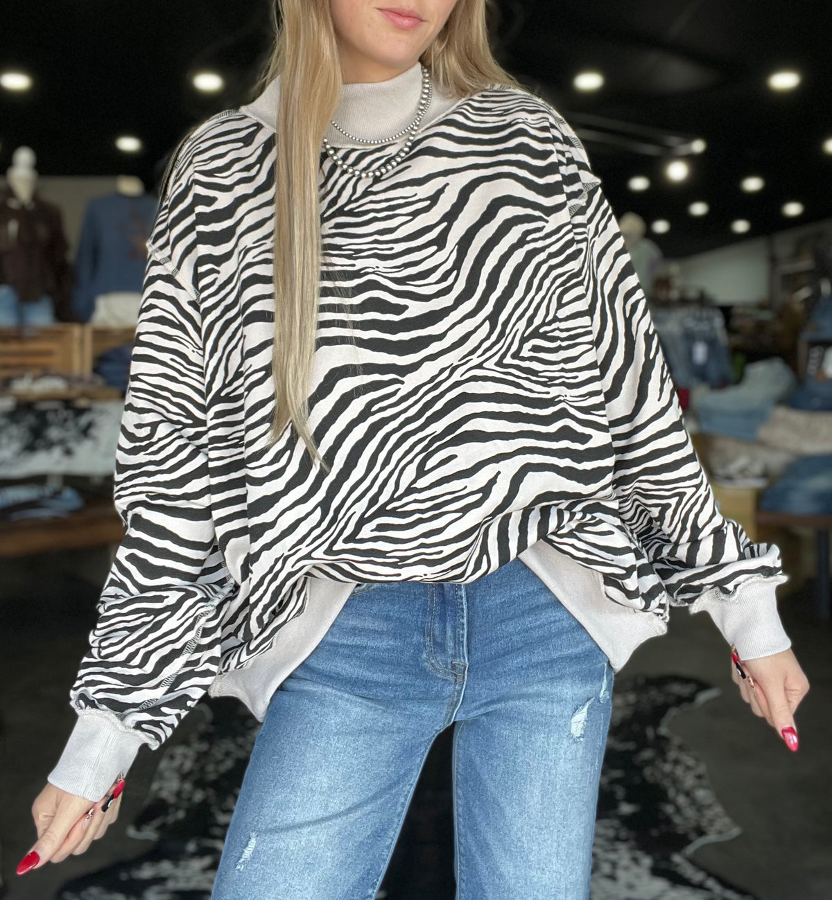 Zebra Mock Neck Sweatshirt