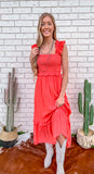 Orange Ruffle Sleeve Tiered Midi Dress