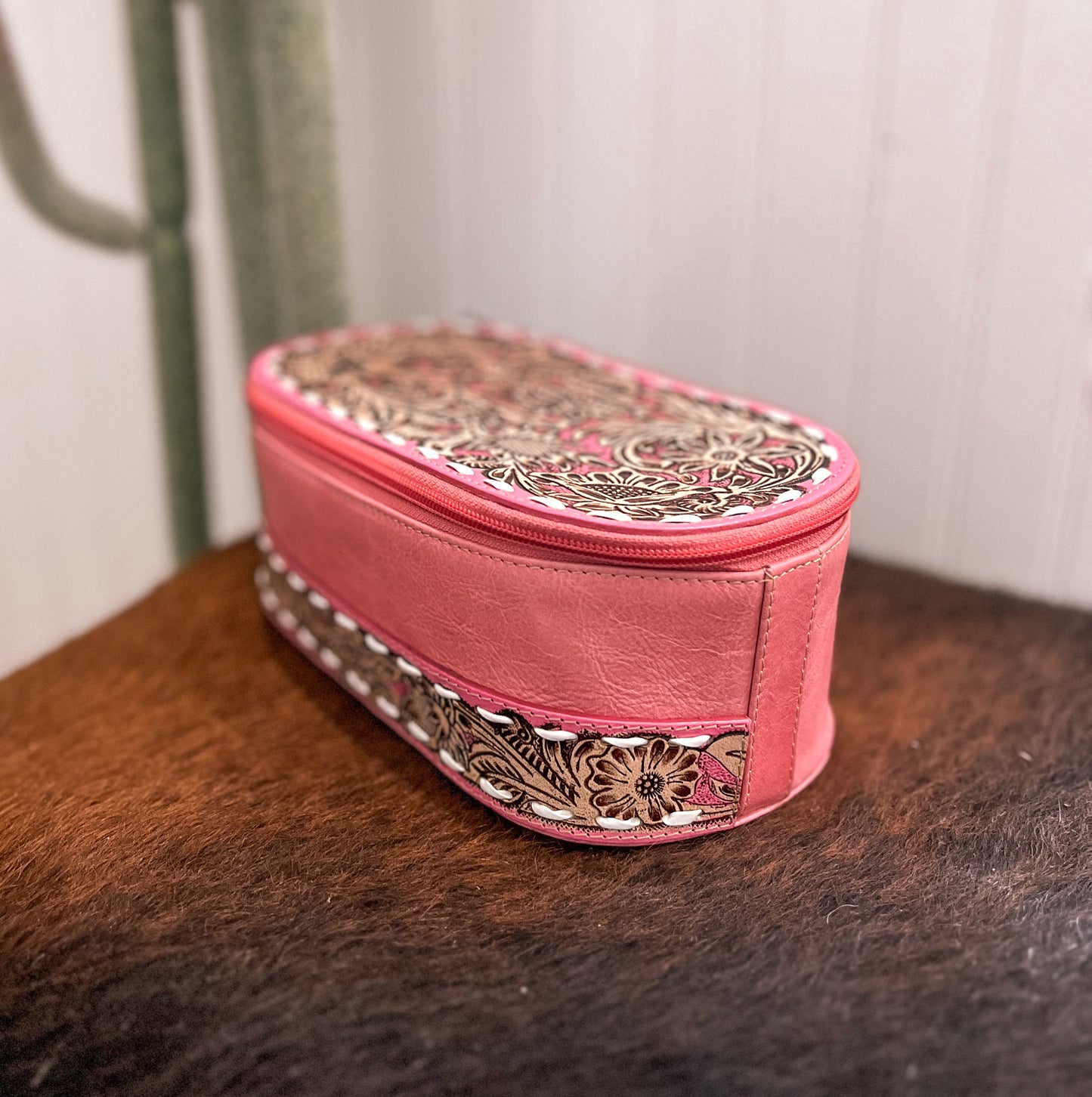 Pink Tooled Leather Make Up Bag