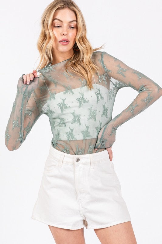 Long Sleeve Floral Lace Top *Sage