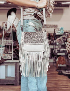 White leather fringe on sale purse