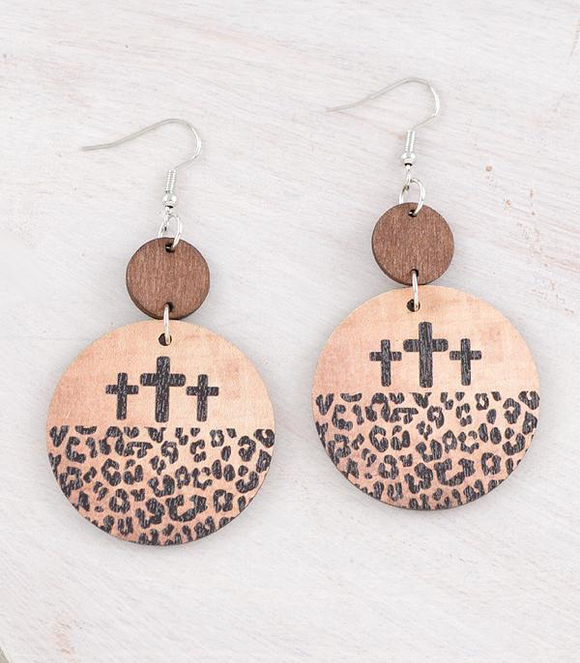 Leopard Cross Wooden Earrings