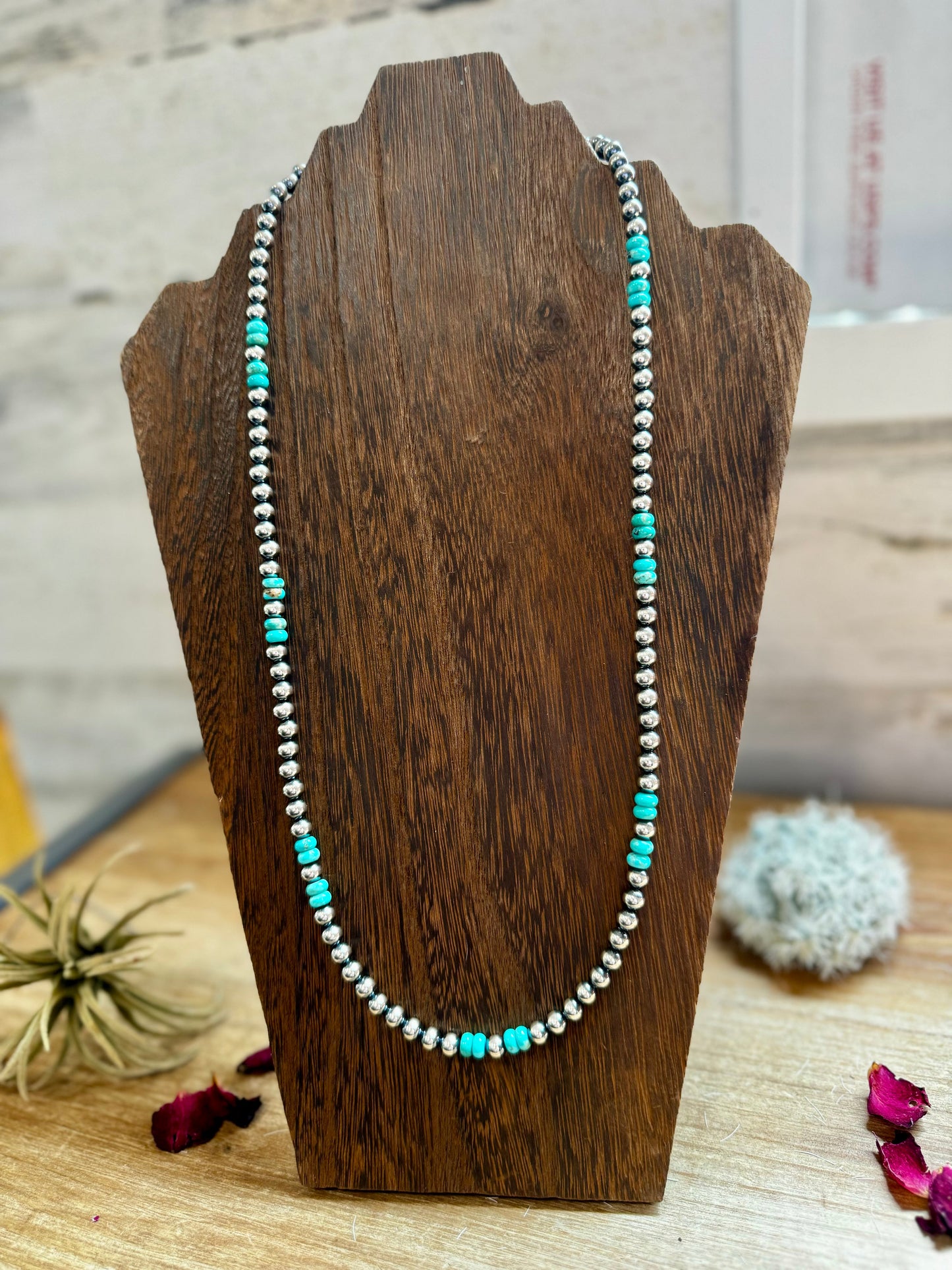 23” 6mm Sterling Silver Pearls & Turquoise Rondelle Necklace
