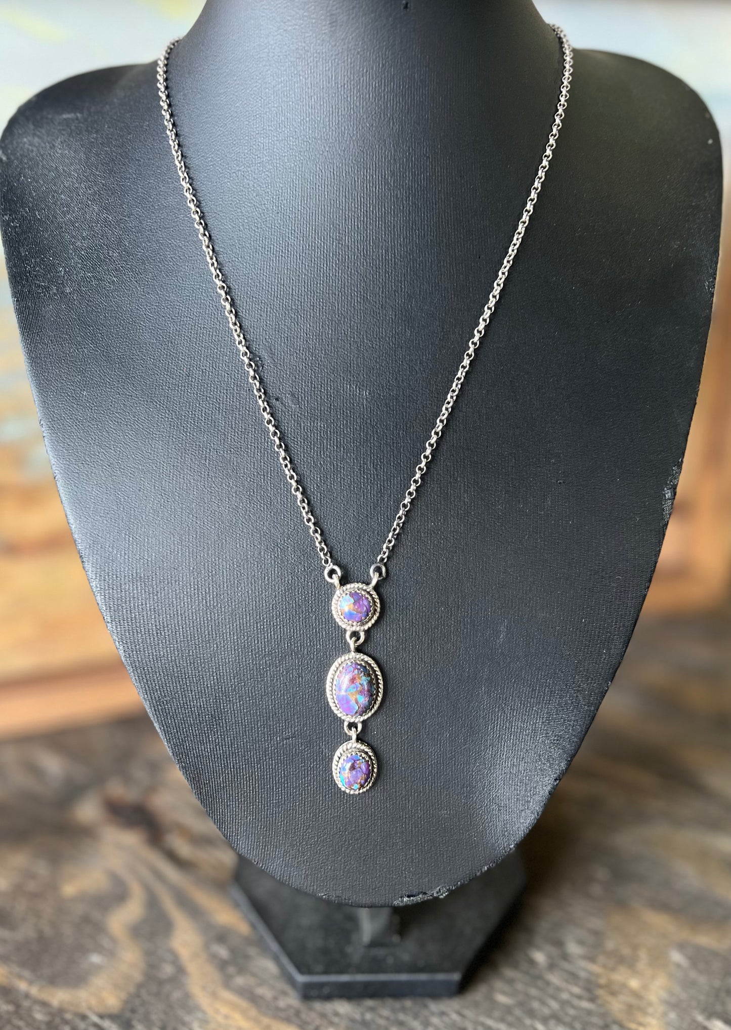 Purple Mojave 3 Stone Drop Necklace