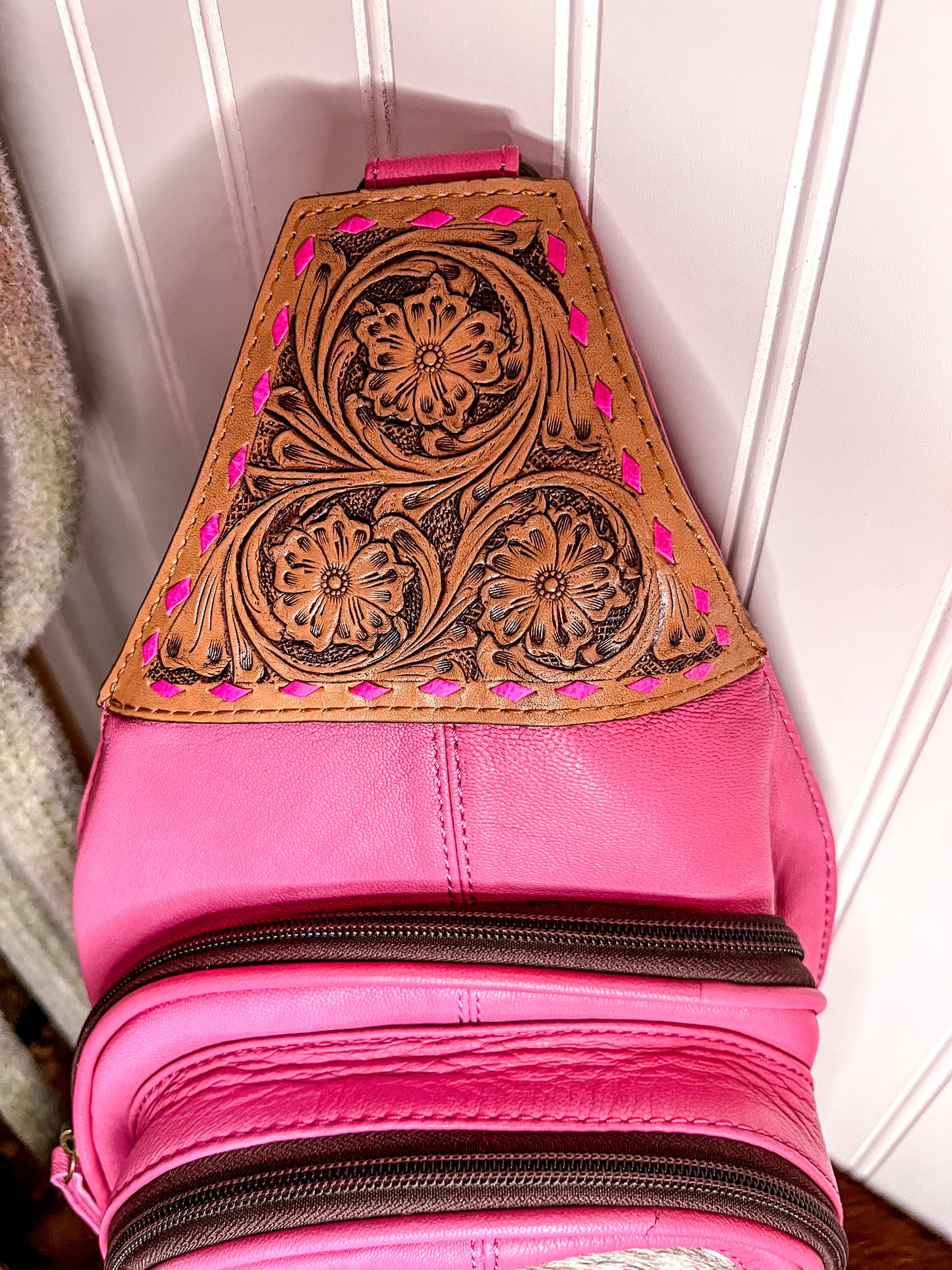 Pink Tooled Leather & Cowhide Sling Bag