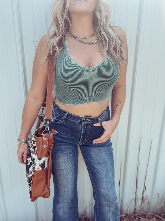 Dark Green Mineral Wash V-Neck Crop Tank