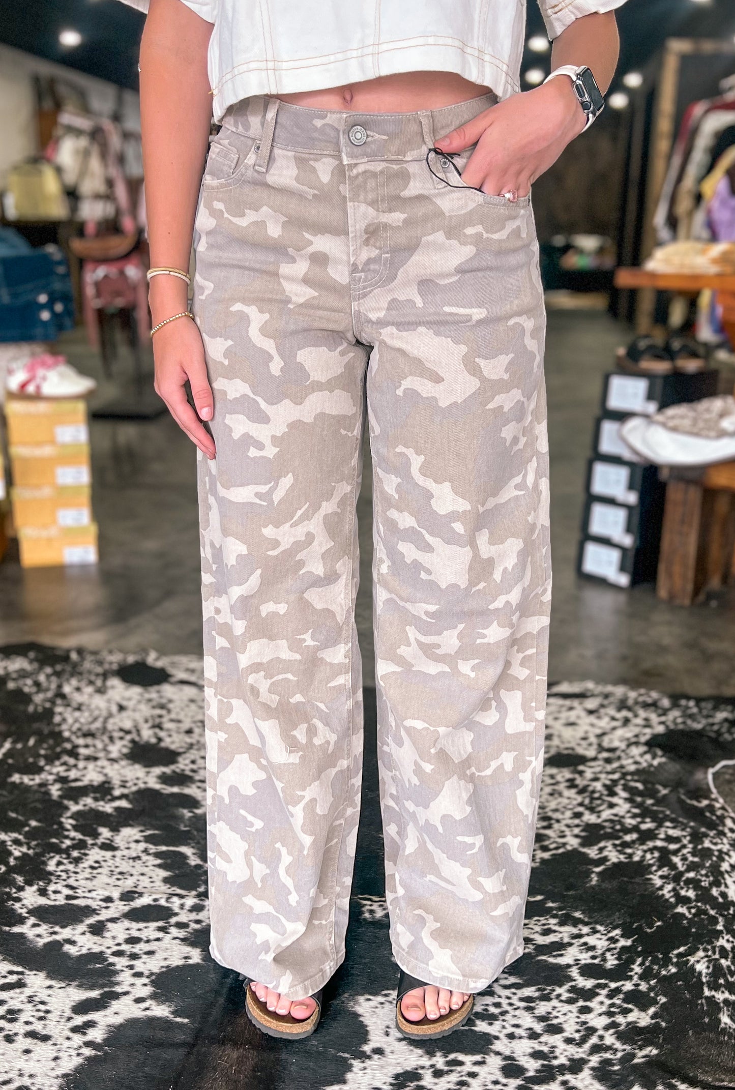 Tan Camo Wide Leg Jeans