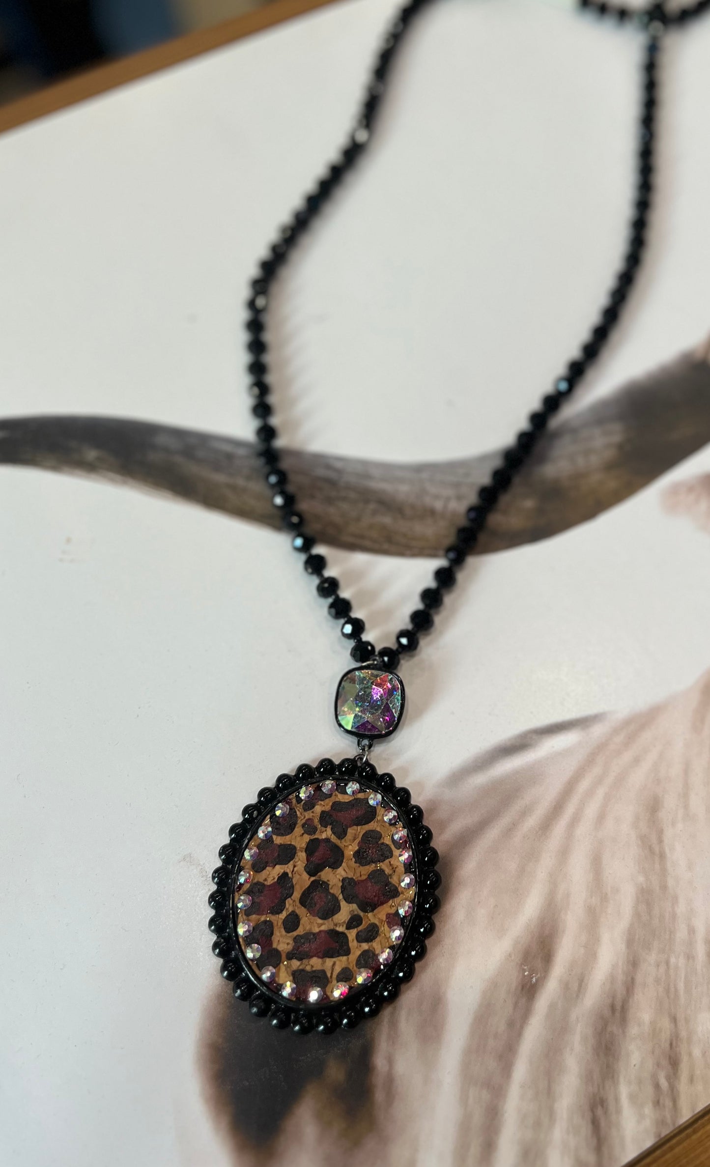 Leopard Pendant Glass Bead Necklace