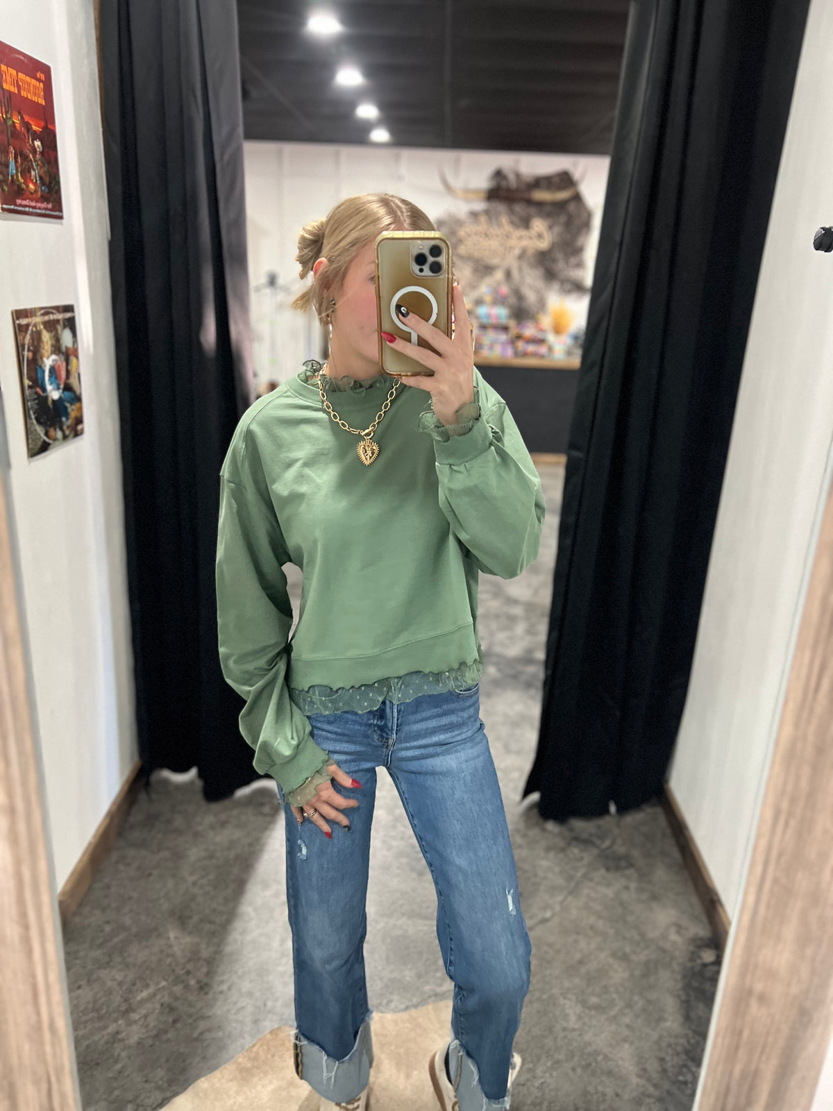 Olive Lace Trim Sweatshirt