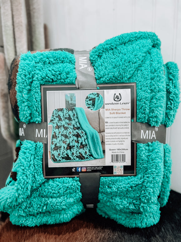 Turquoise Cowhide Queen Sherpa Throw Blanket