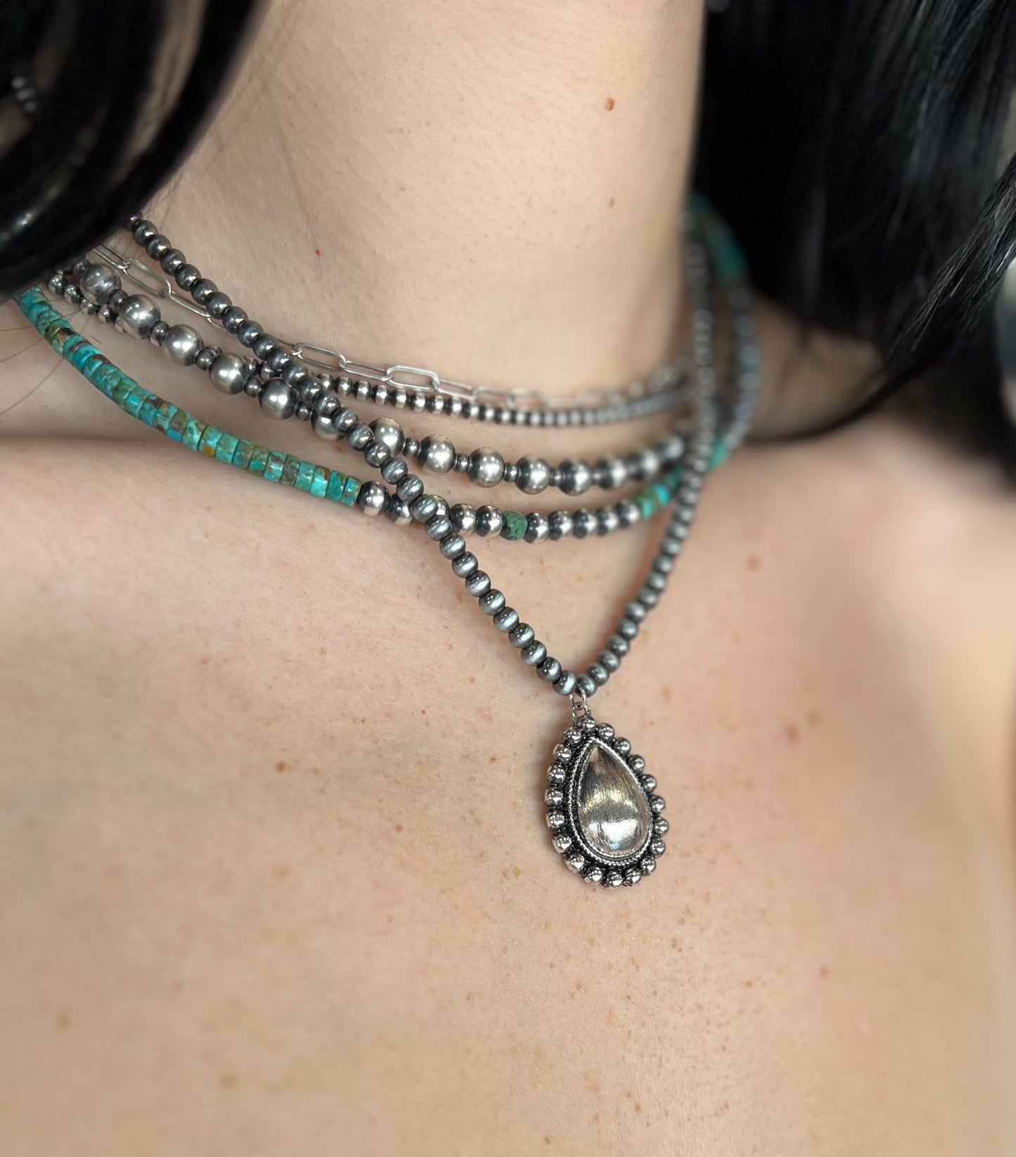 Navajo Pearl Teardrop Concho Necklace