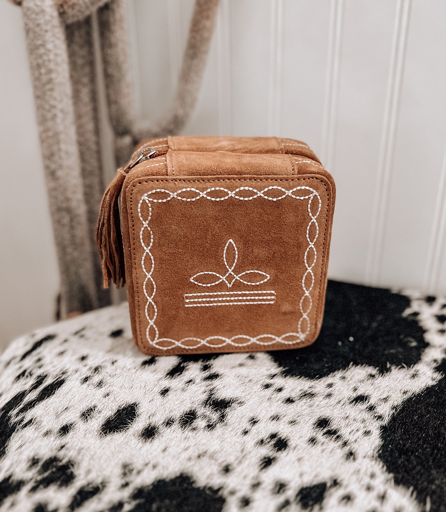 Tan Boot Stitch Square Jewelry Box