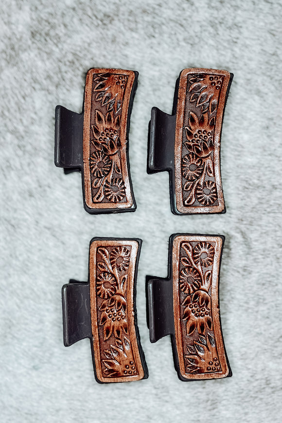 Floral Tooled Leather Claw Clip