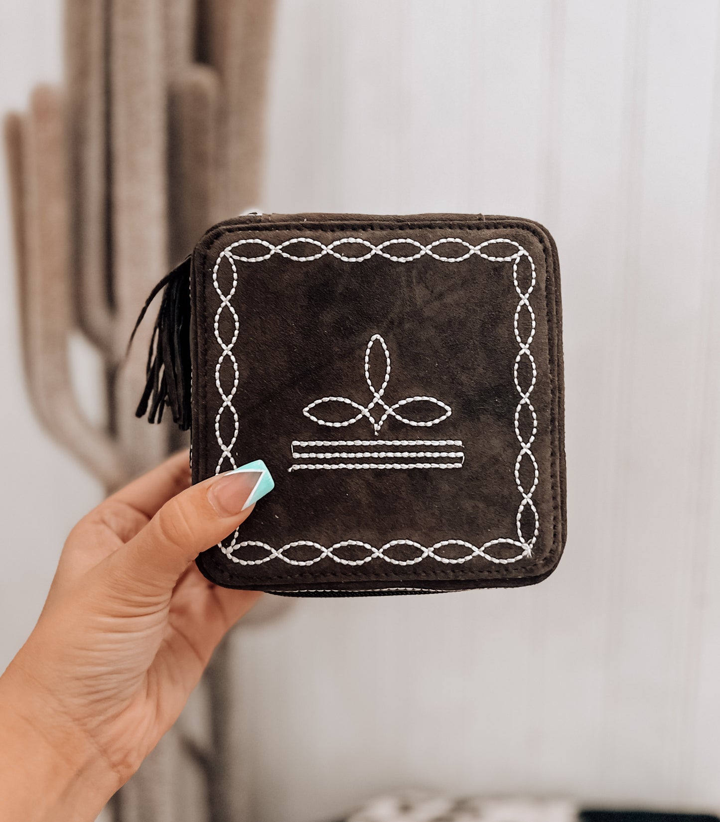 Brown Boot Stitch Square Jewelry Box