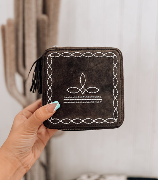 Brown Boot Stitch Square Jewelry Box