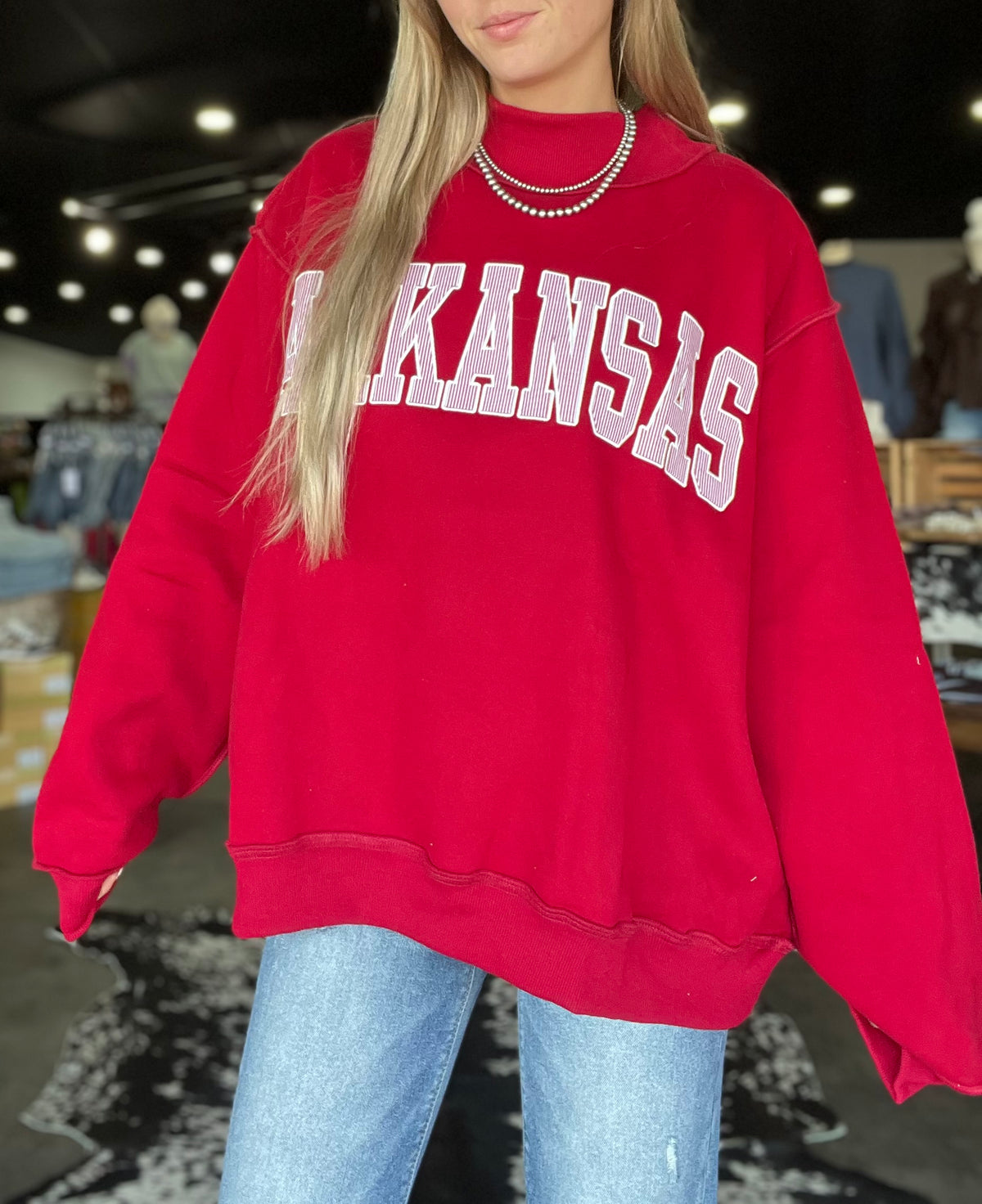 Arkansas Striped Mock Neck Sweatshirt *Crimson