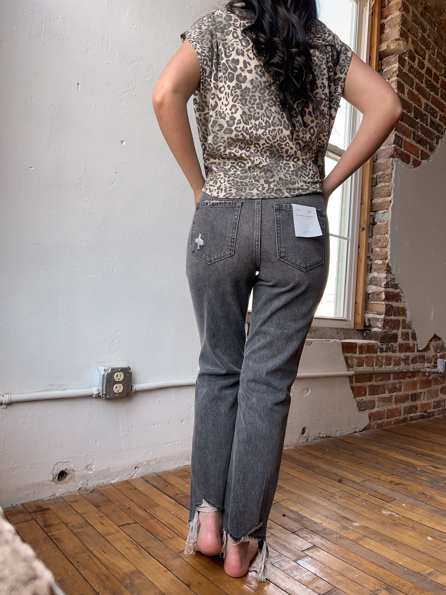 Grey Distressed Super High Rise Straight Ankle