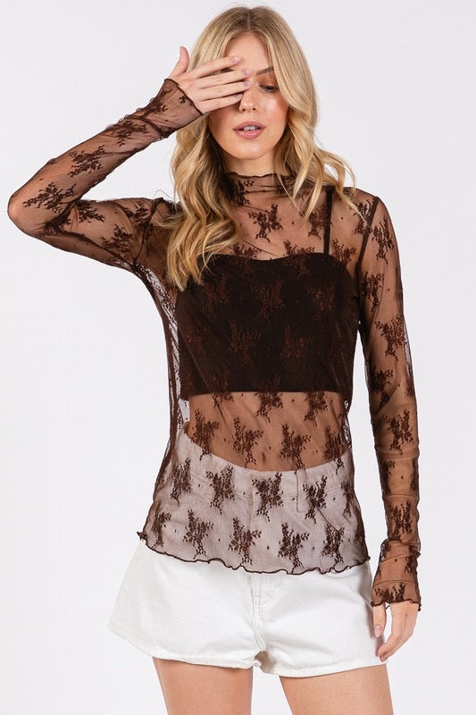 Long Sleeve Floral Lace Top *Brown