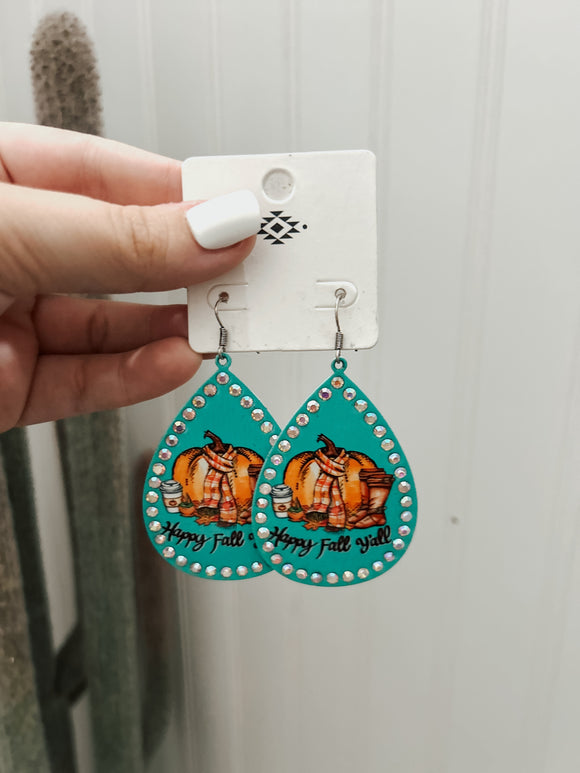 Happy Fall Y’all Teardrop Earrings-Teal