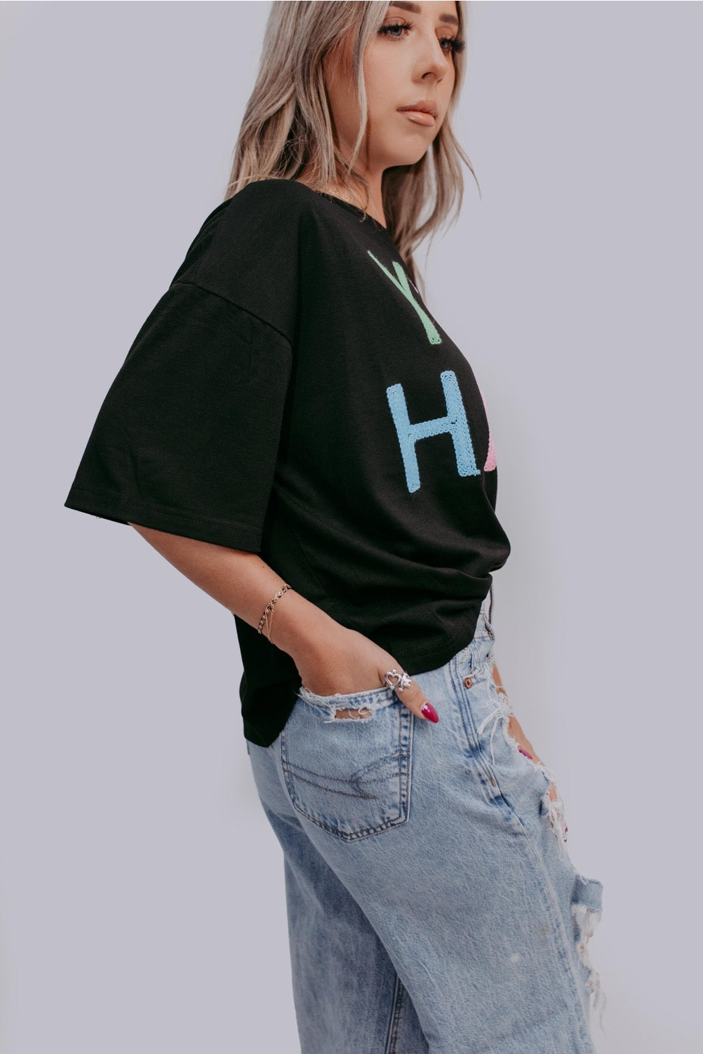 Yee Haw Rope Embroidered Crop Tee
