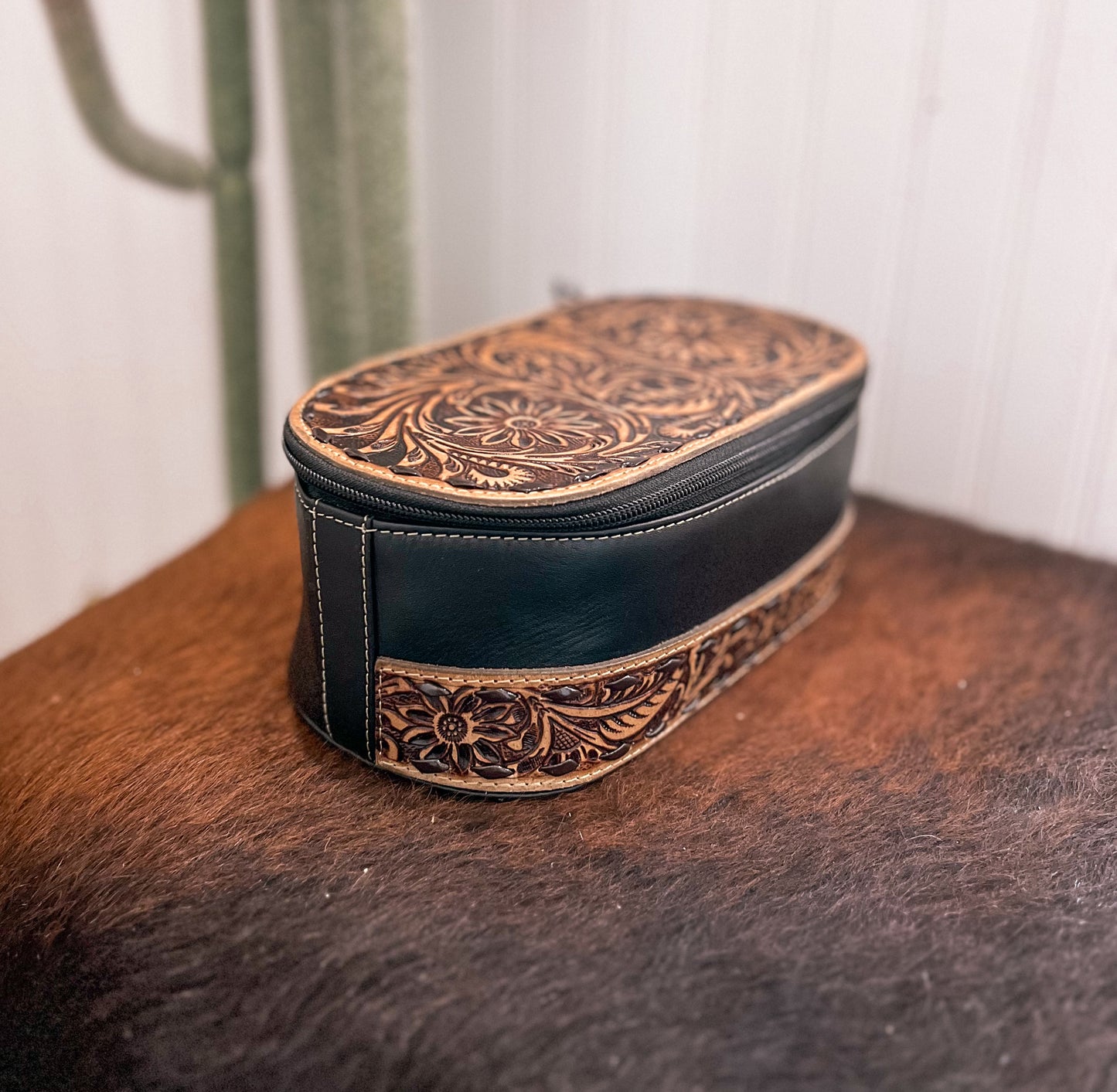 Black Tooled Leather Make Up Bag