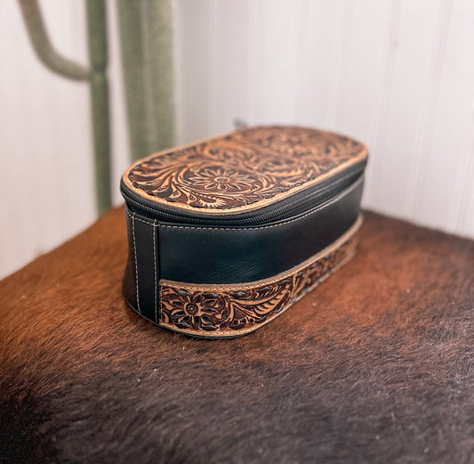 Black Tooled Leather Make Up Bag