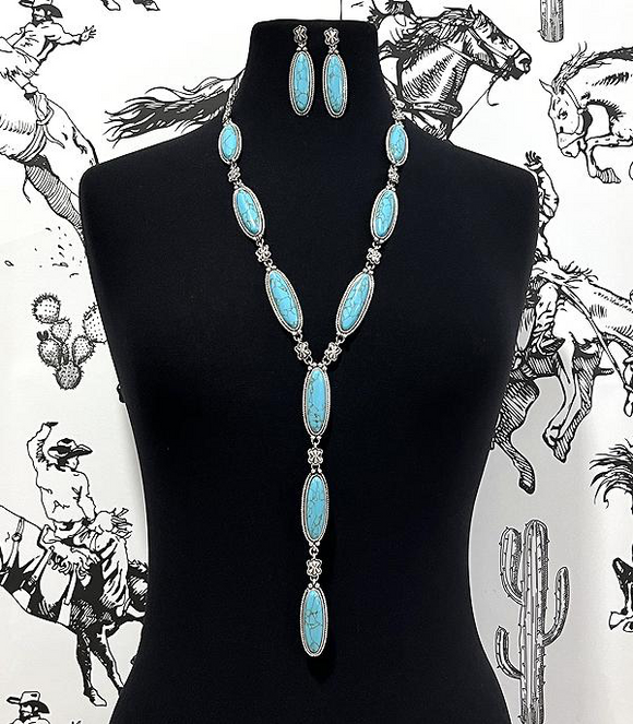 Oval Turquoise Stone Lariat Necklace Set