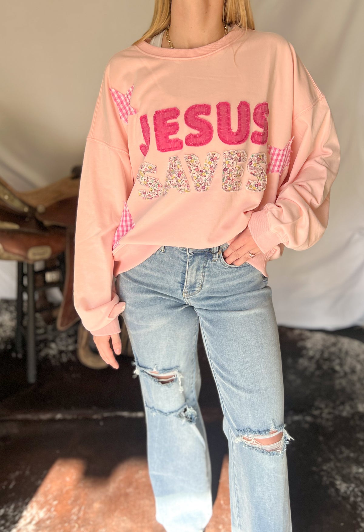 Jesus Saves Patchwork Sweatshirt