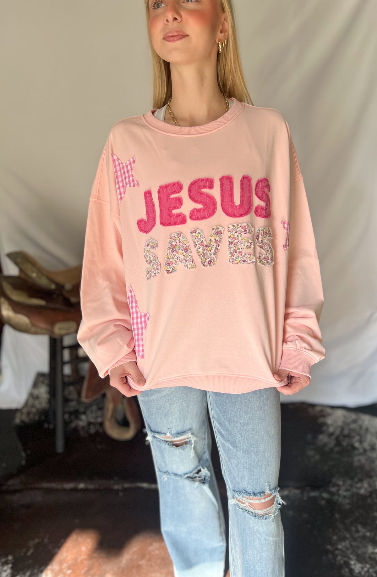 Jesus Saves Patchwork Sweatshirt
