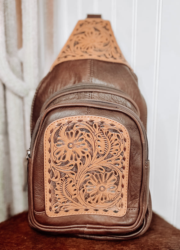 Brown Tooled Leather Sling Bag