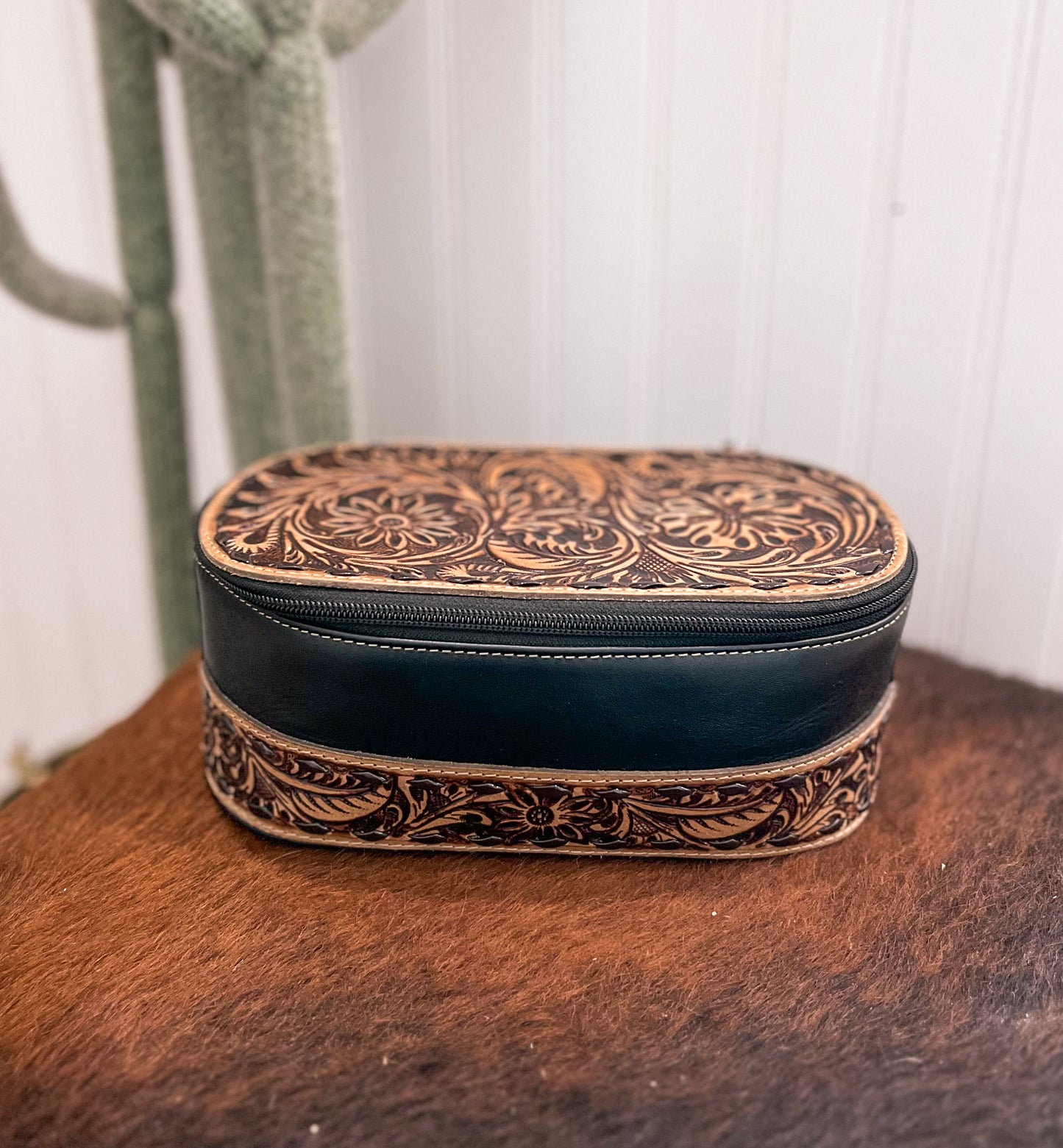 Black Tooled Leather Make Up Bag