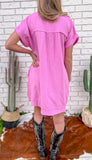 Gauze Raw Edge V-Neck Dress- Candy Pink