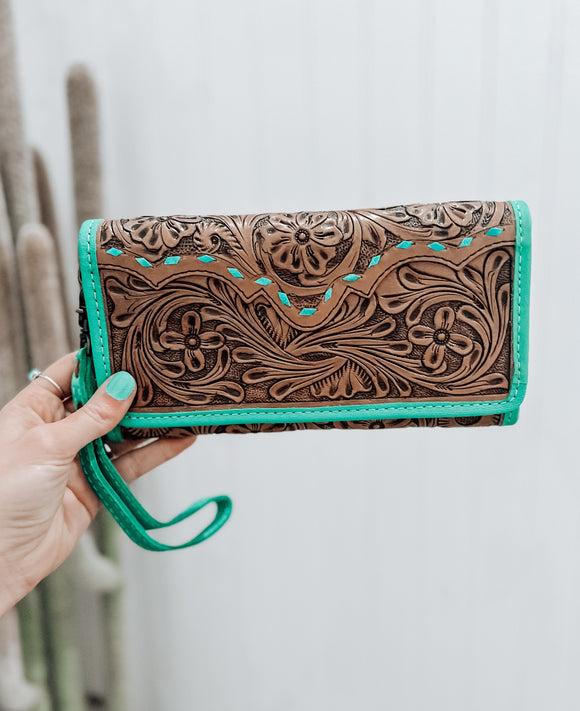 Tooled Leather Wallet- Turquoise