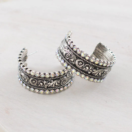 Tooled Rhinestone Hoop Earrings
