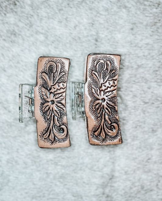 Floral Tooled Leather Claw Clip