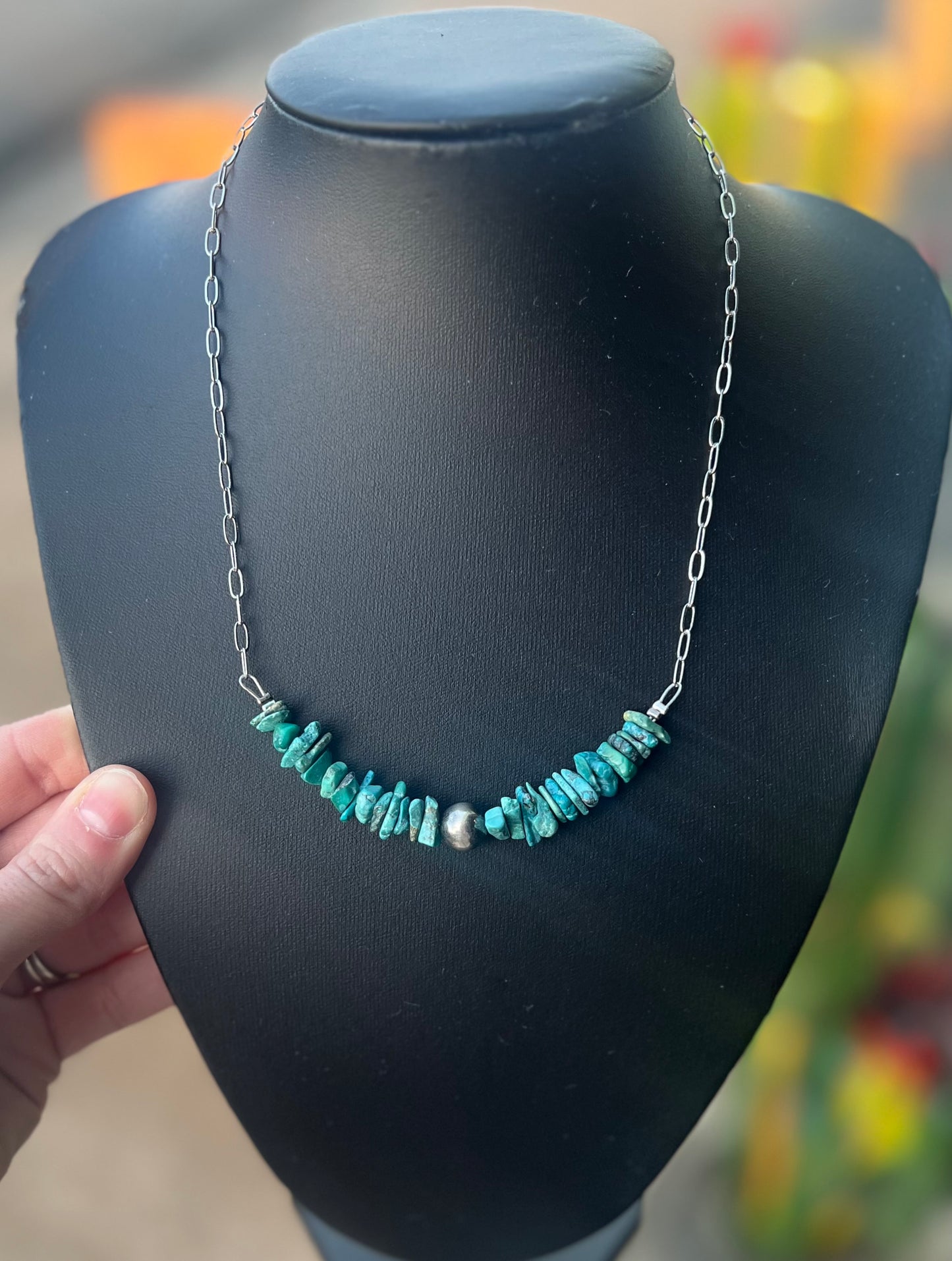 Green Turquoise Chip with Sterling Silver Pearl Necklace