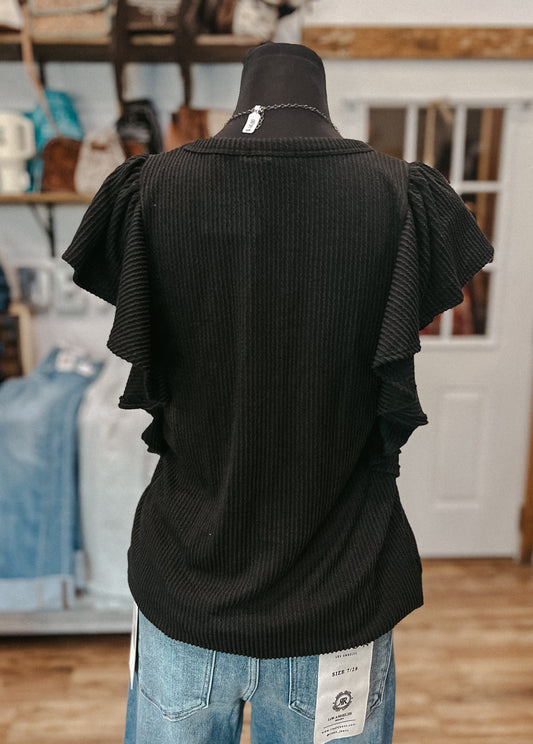 The Josie Ruffle Sleeve Ribbed Top *Black