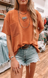 Ribbed Oversized Front Pocket Top- Rust