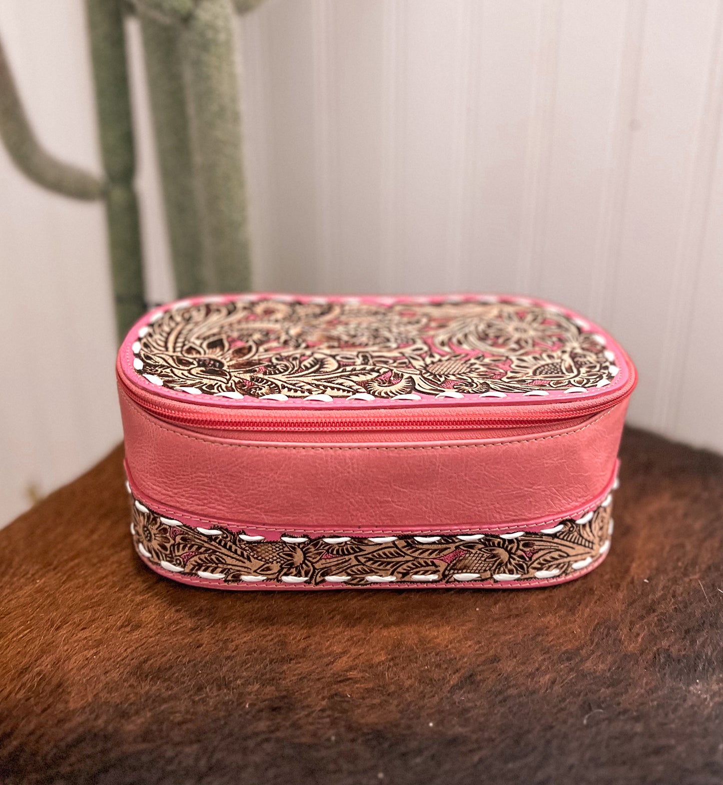 Pink Tooled Leather Make Up Bag