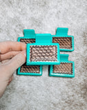 Turquoise & Brown Basket Weave Tooled Leather Mini Claw Clip