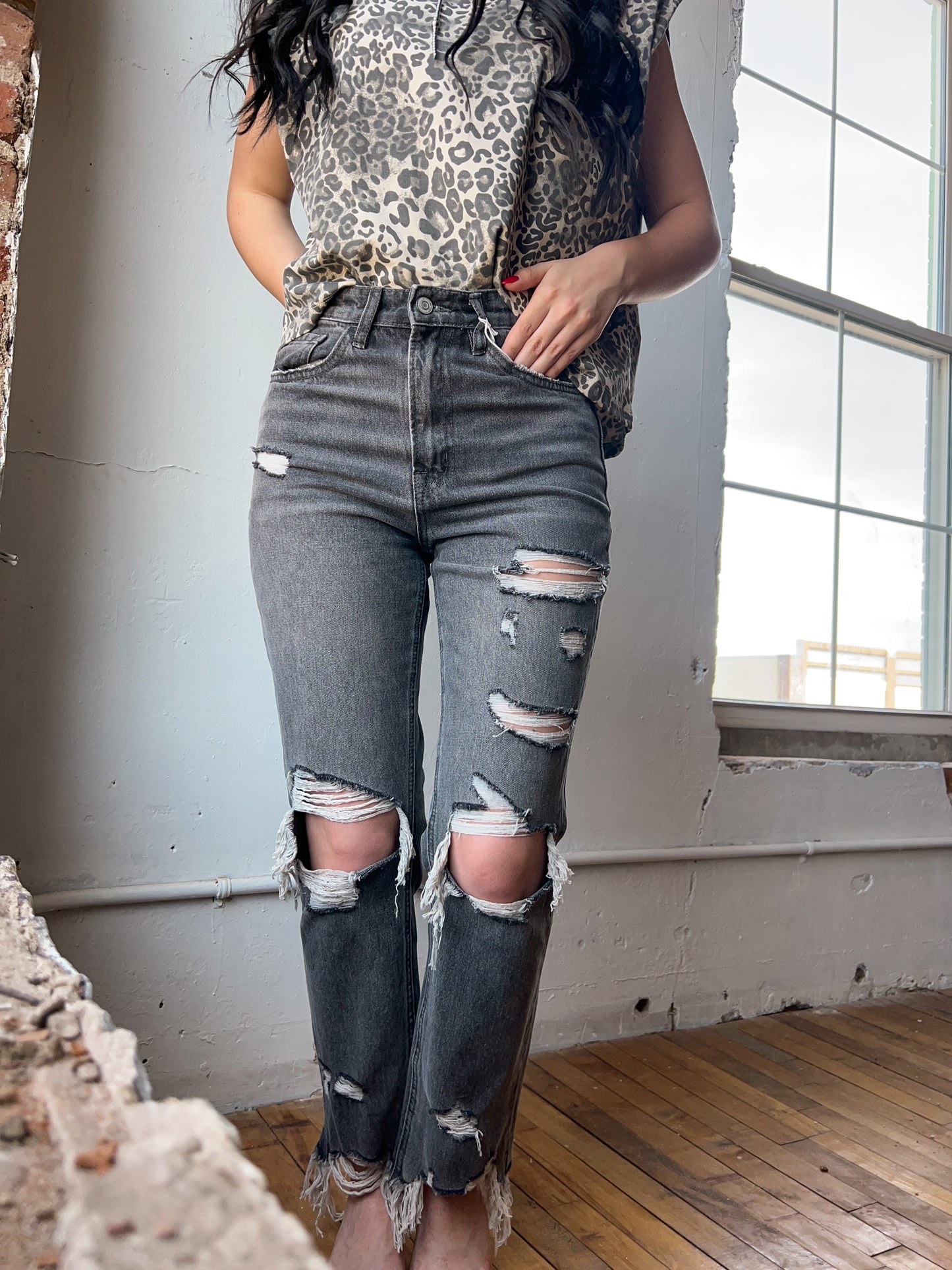 Grey Distressed Super High Rise Straight Ankle