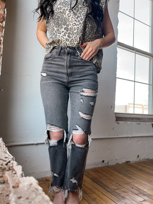 Grey Distressed Super High Rise Straight Ankle