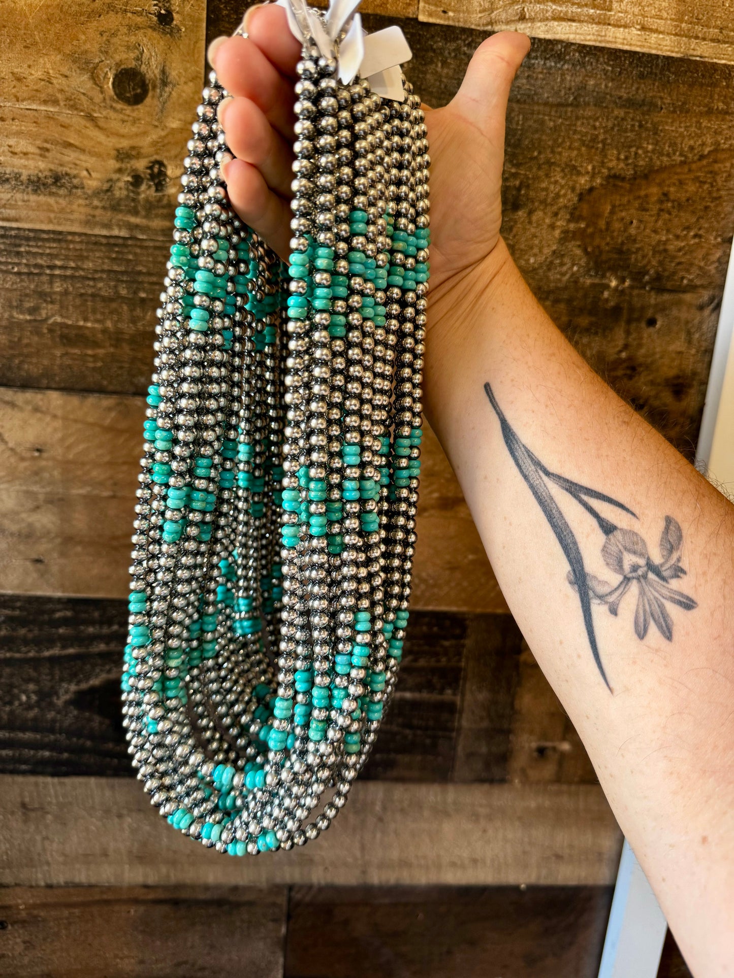 23” 6mm Sterling Silver Pearls & Turquoise Rondelle Necklace